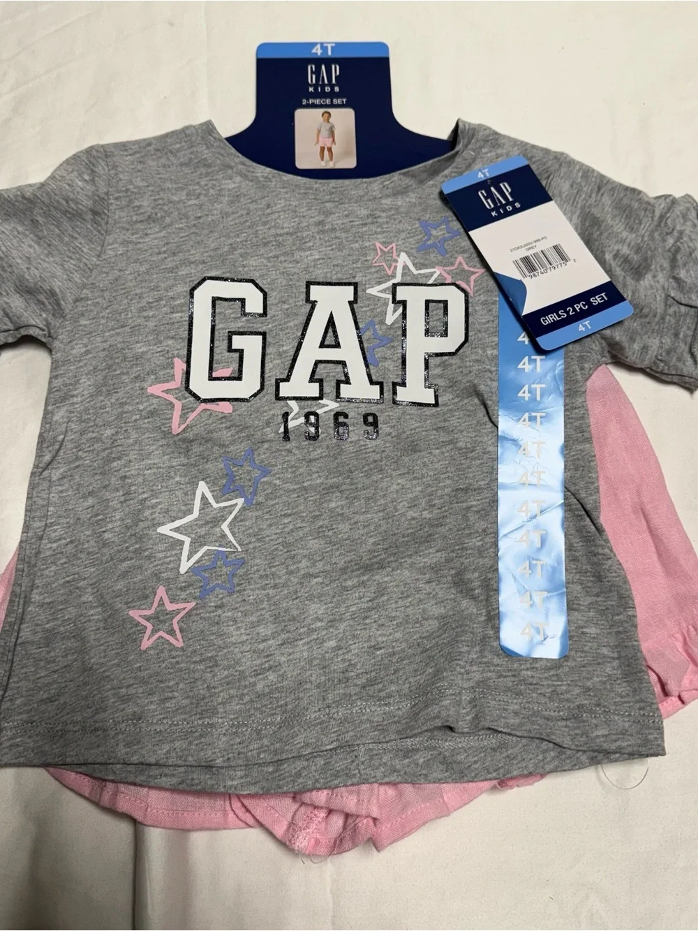 GAP Girls Gray Logo Tee with Pink & Blue Star Accents